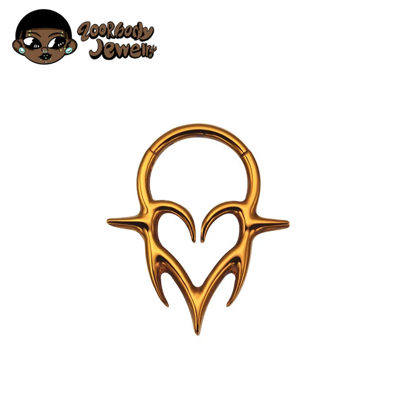 Titanium Septum Piercing Clicker with Tribal Fangs and Heart Totem Design