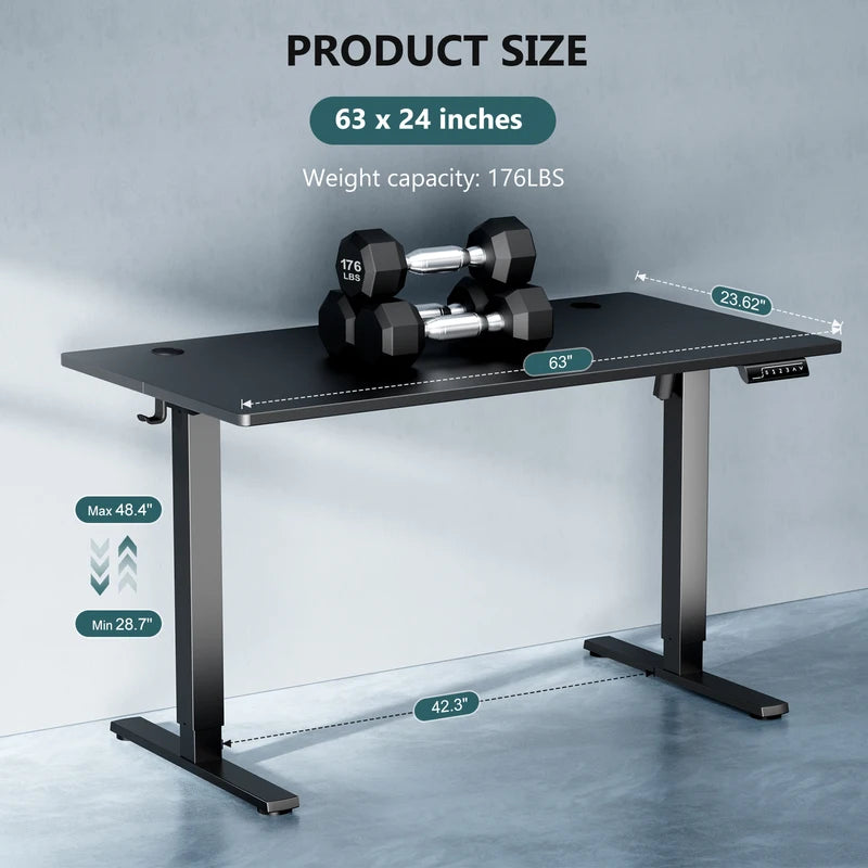 Electric Standing Desk 63x24 Inch Height-Adjustable Workstation for Office