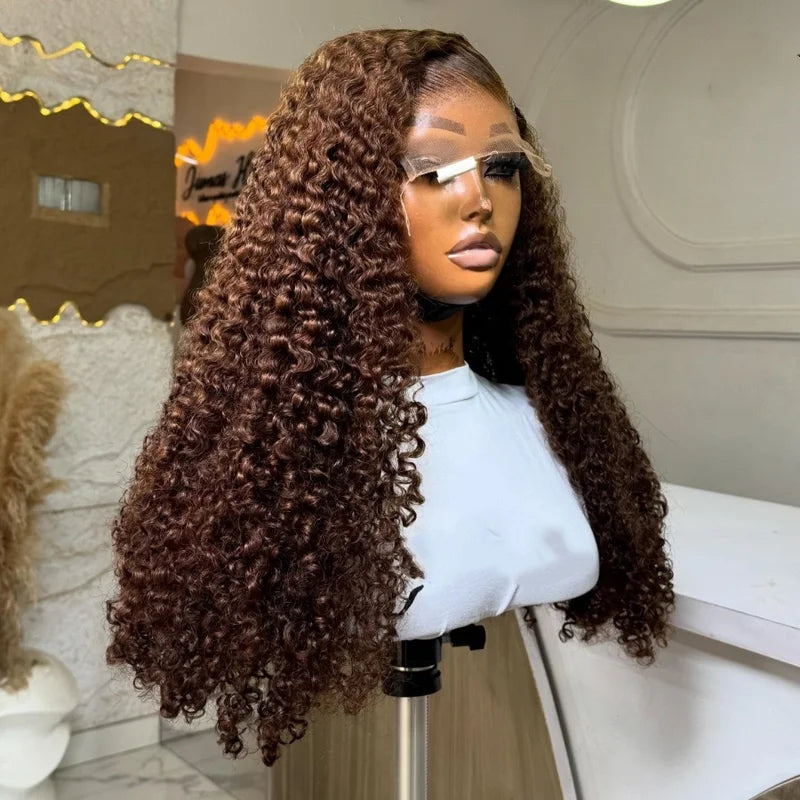 Short Curly Bob Wig 16 Inch Chocolate Brown HD Transparent Lace Frontal Deep Wave Pre-Plucked