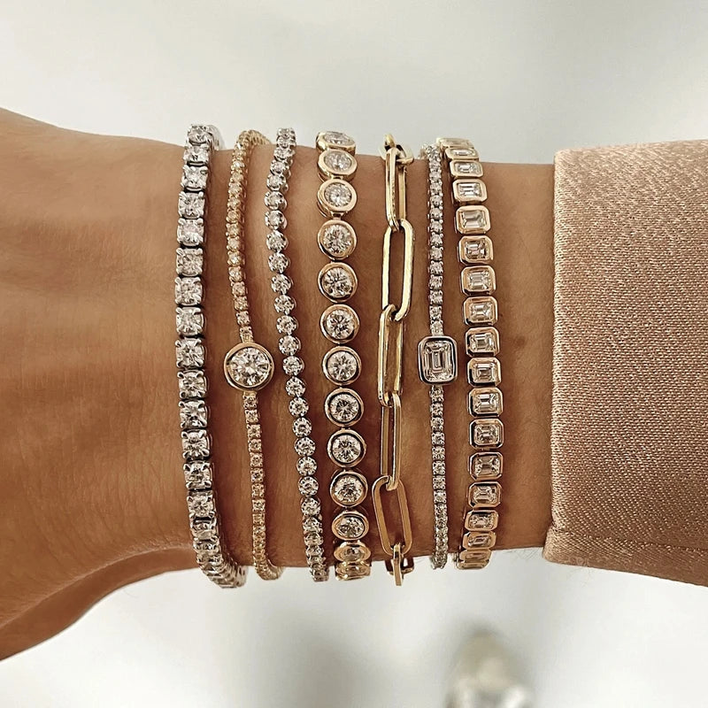 Geometric Bezel Cubic Zirconia Tennis Chain Bracelet for Women, Classic Fashion Jewelry