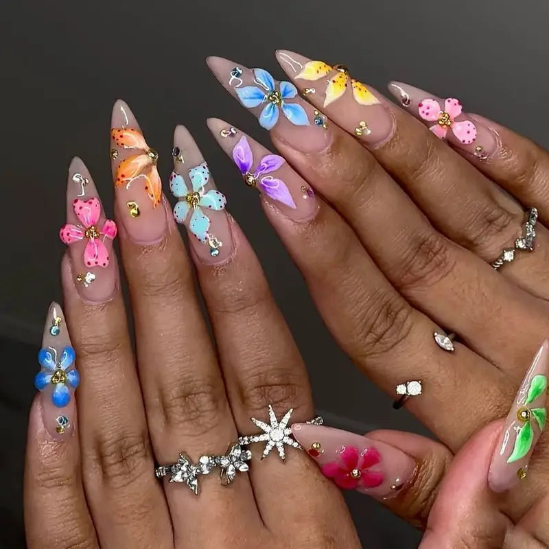 Gradient Nude & Brown Fake Nails Set with Flowers Rhinestones - Fall Winter Almond Tips, Press On Nail Art