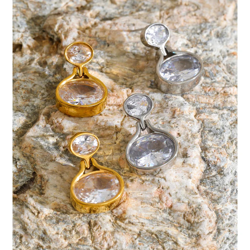Stainless Steel Drop Earrings with Cubic Zirconia - Dainty Round Jewelry for Daily Wear