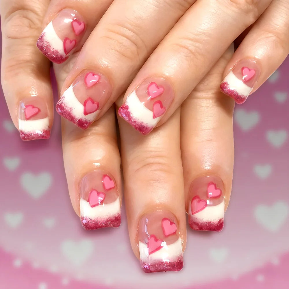 24Pcs Short Square Fake Nails for Menicure - Press On Nail Set with Pink Love Heart Print