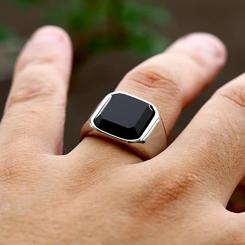 Stainless Steel Zircon Black Agate Ring for Men Women - Wedding Jewelry Gift