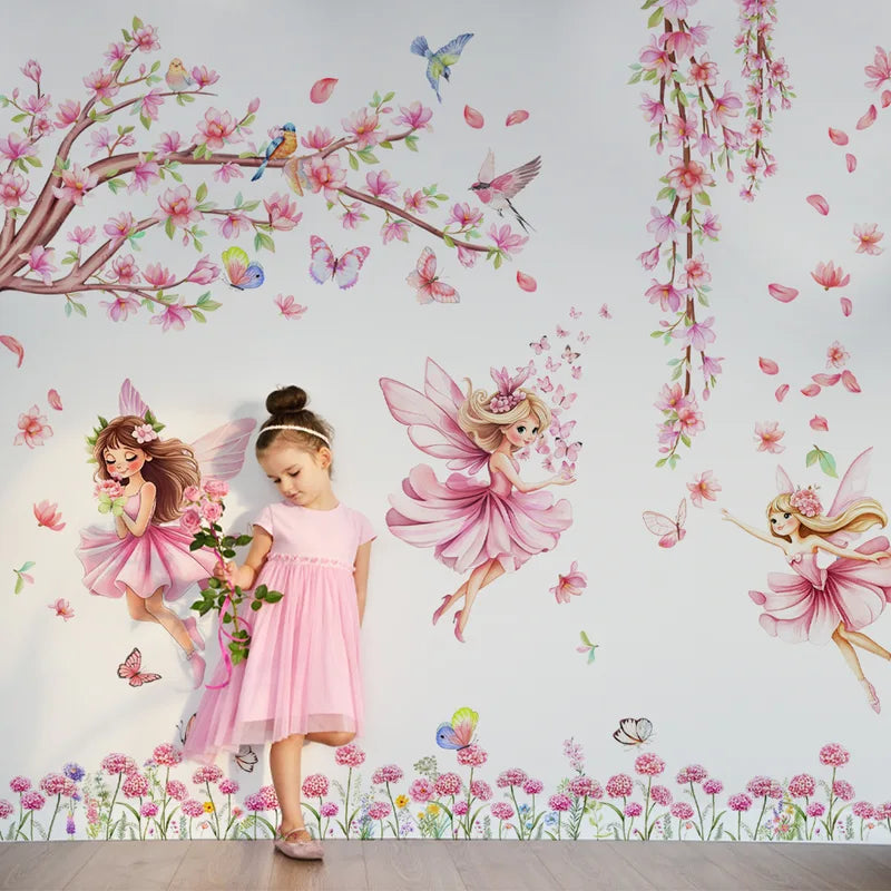 Children's Room Wall Stickers - Tree Branches Birds Butterflies Elf Girls Decor
