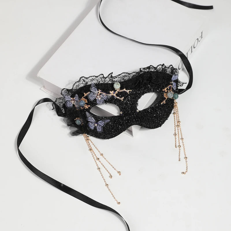 Black Lace Sequin Butterfly Mask with Pearl Tassels - Half-Face Eye Mask for Prom Party Halloween