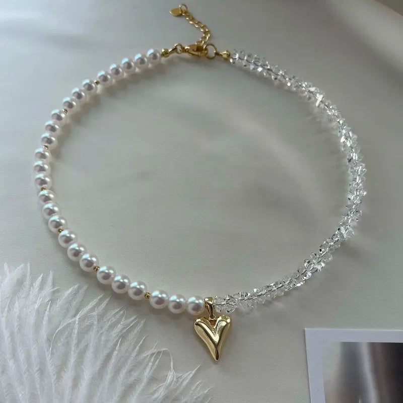 Elegant Imitation Pearl Pink Stone Chain Choker Necklace for Girls Jewelry Trend
