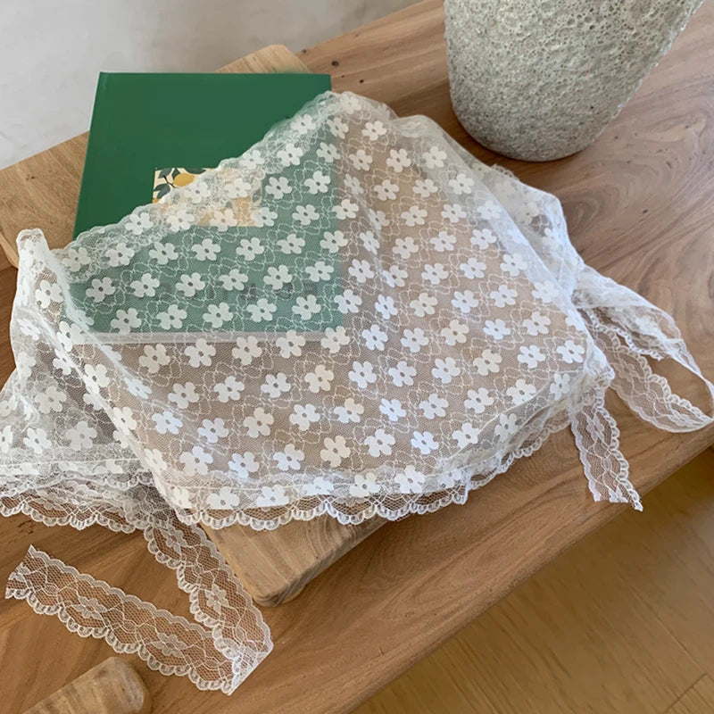 Elegant Lace Flower Triangle Scarf for Women - Breathable White Fashion Accessory