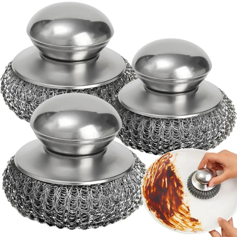 Stainless Steel Pot Brush with Handle and Metal Ball for Dishwashing - Kitchen Cleaner