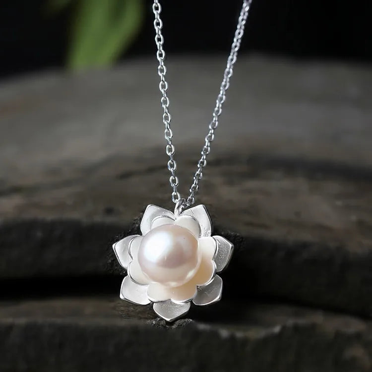 Sterling Silver Jewelry Necklace with White Lotus Shell Beads and Pearl Flower Pendant