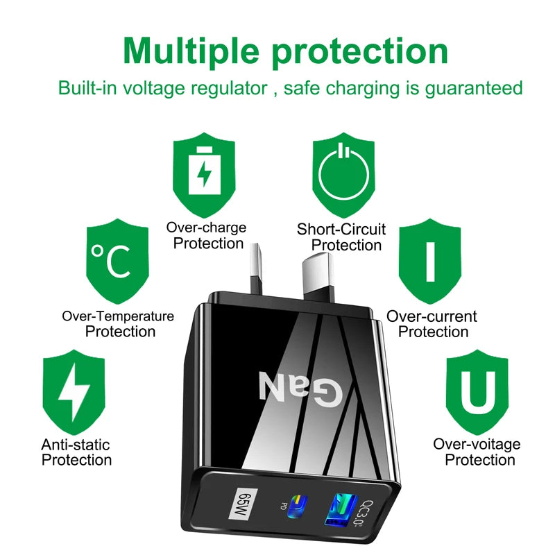 65W USB Wall Charger with QC3.0 and PD Fast Charging for Mobile Phones