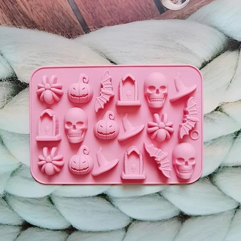 Halloween Silicone Mold with 18 Cavities for Ghost Pumpkin Bat Skull Witch Hat - Food Grade Baking Mold