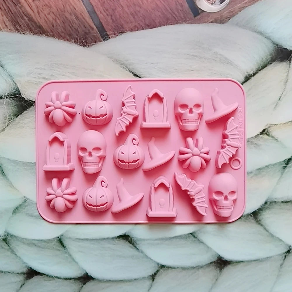 Halloween Silicone Mold with 18 Cavities for Ghost Pumpkin Bat Skull Witch Hat - Food Grade Baking Mold