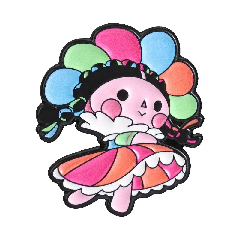 Mexican Lele Doll Brooch Enamel Pin with Floral Crown Rainbow Skirt Cute Jewelry