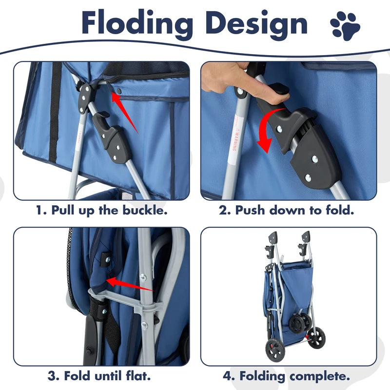 Foldable Pet Stroller for Small Dogs Cats - 3 Wheels, Mesh Windows, Storage