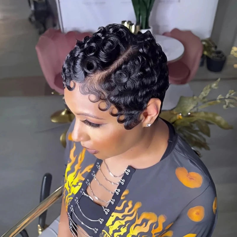 Short Curly Lace Front Human Hair Wig - Pixie Cut Style for Women