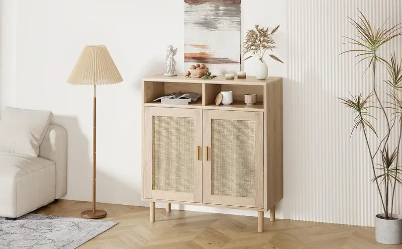 Modern Farmhouse Rattan Buffet Sideboard Cabinet - 63" Kitchen Storage