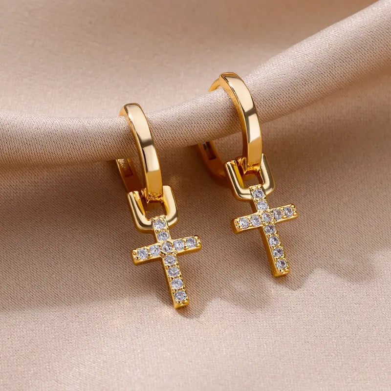Gold Color Zircon Cross Drop Earrings for Women - Luxury Stainless Steel Jewelry