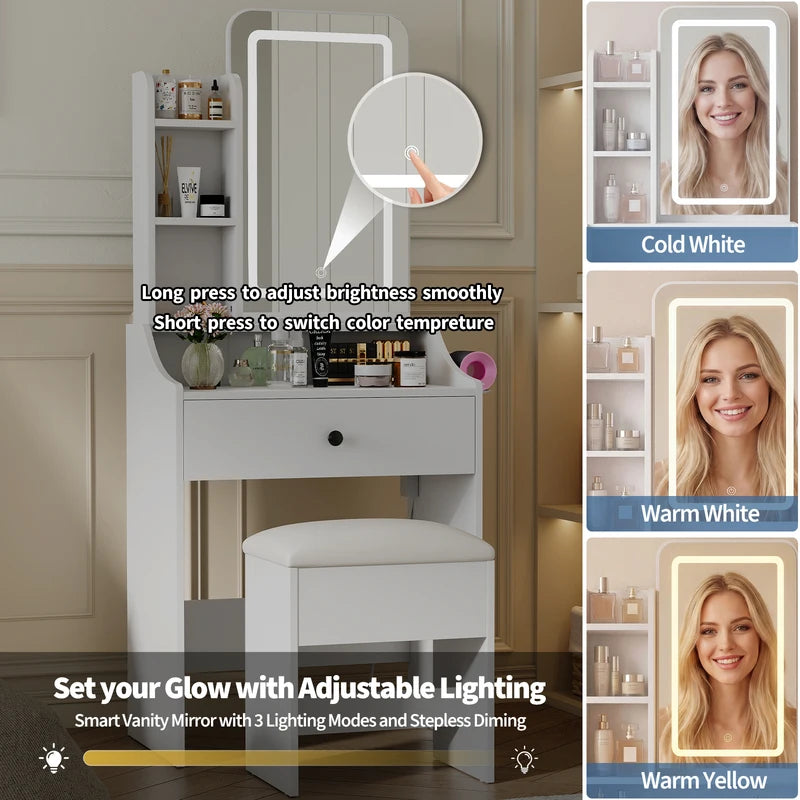 Living Room Wood Cabinet with LED Mirror & Makeup Vanity Storage - Small Nightstand & Coffee Table