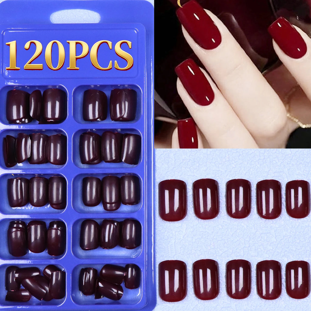 120PCS Press-On French Fake Nails Set - Reusable Solid Color Acrylic Nails for DIY Nail Art
