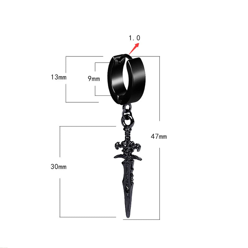 2PCS Stainless Steel Drop Hoop Earrings with Dragon Coil Sword Pendant - Punk Hip Hop Style for Men Women Daily Wear