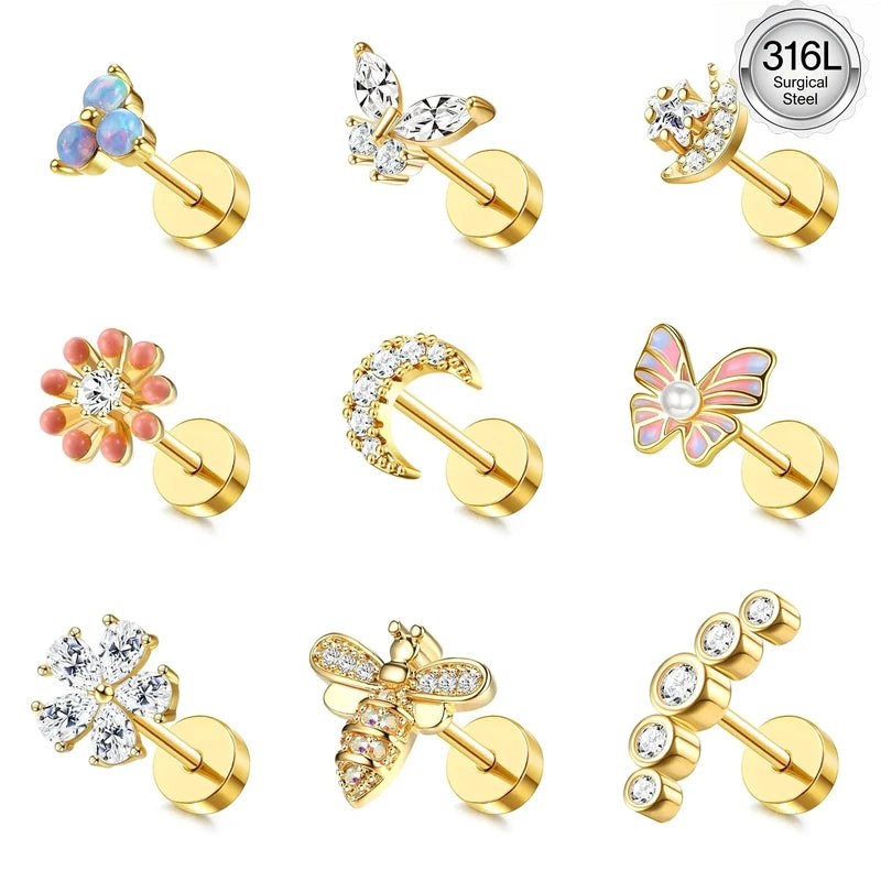 Cartilage Earrings Stud for Women Surgical Steel Butterfly Flower Helix Tragus Jewelry