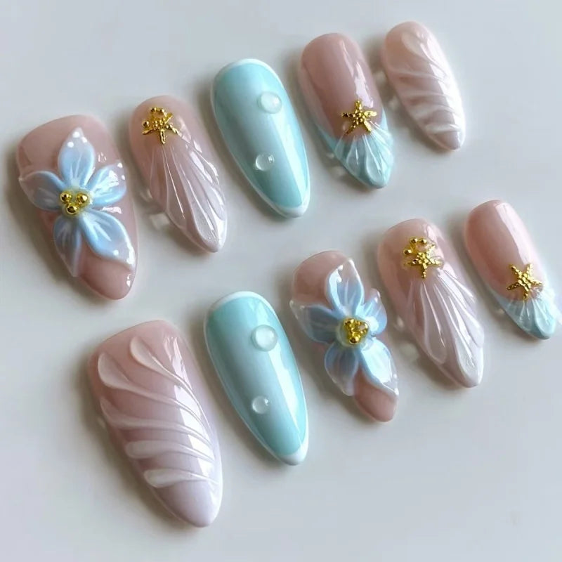 24Pcs 3D Ripple Design False Nails Cat's Eye French Almond Nail Tips - Removable Press On Nails