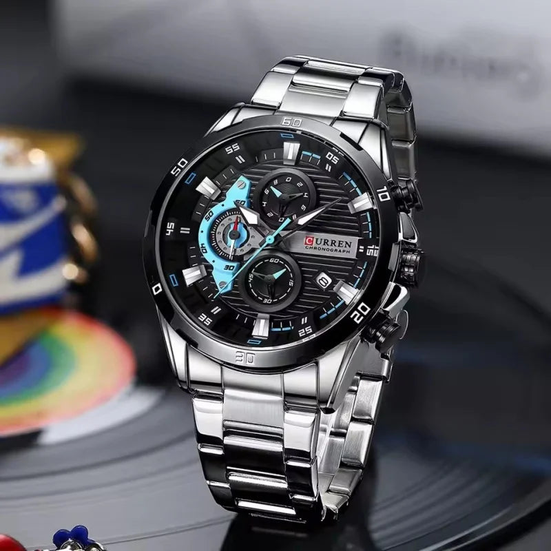 Men's Stainless Steel Watch with Luminous Dial and Chronograph - Unisex Fashion Timepiece