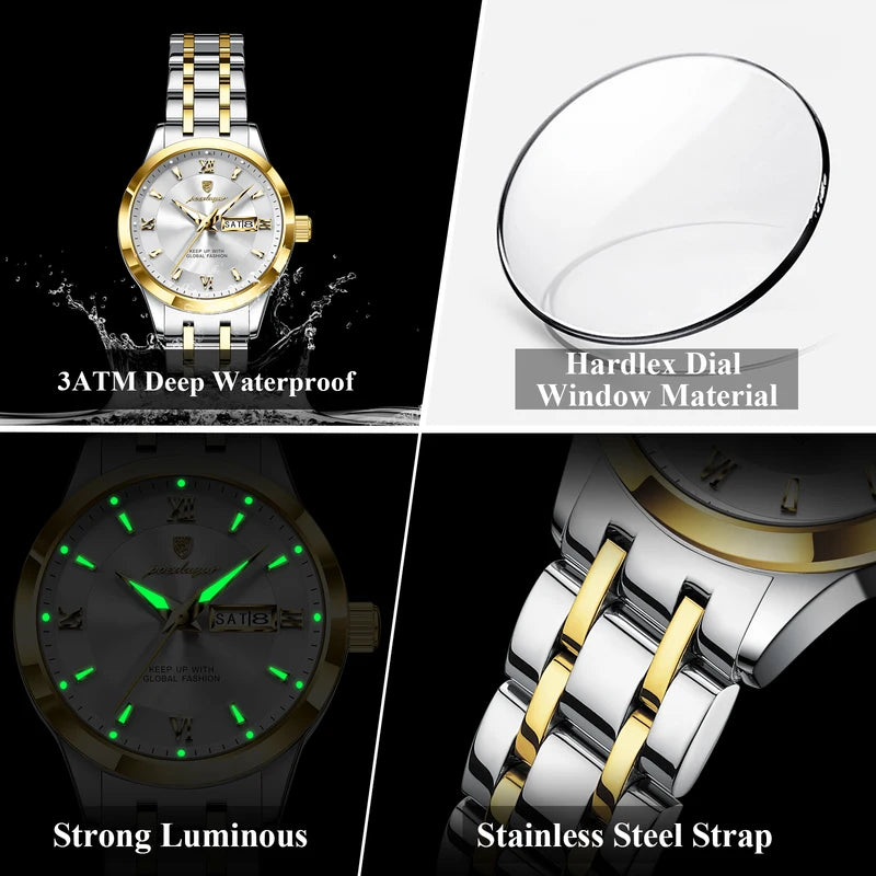 Women’s Quartz Waterproof Stainless Steel Watch with Luminous Dial and Date Function
