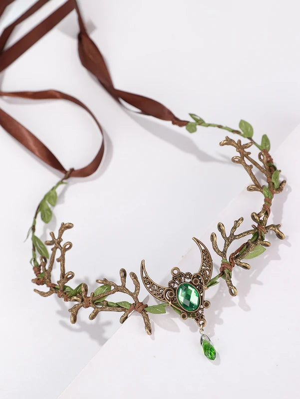 Fairy Moon Headband with Green Gemstone Branch for Halloween & Photo Shoots