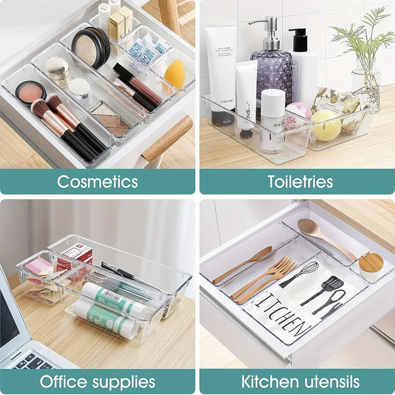 Clear Plastic Drawer Organizers Set - Multi-Purpose Storage Containers for Bathroom, Makeup, Kitchen, and Office