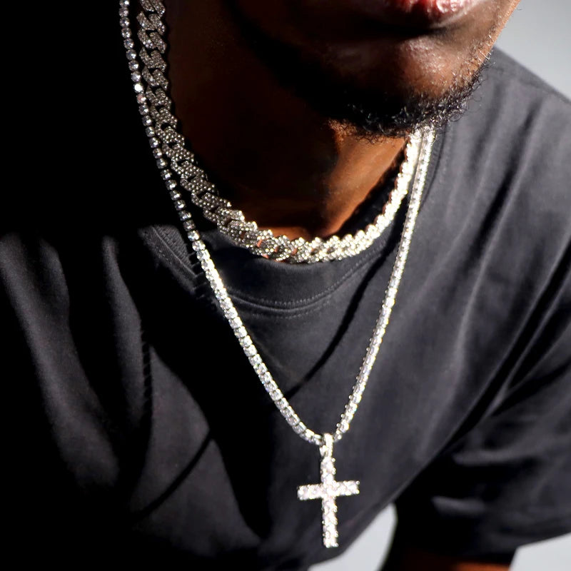 Men Women Cross Tennis Chain Necklace 14MM Cuban Link Jewelry - 2 Pieces