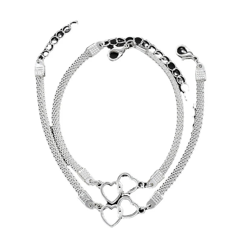 Love Heart Couple Bracelets Set for Women and Men Silver Double Layer Jewelry Gift