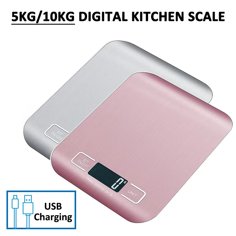 Digital Kitchen Scale 5kg/10kg Stainless Steel Food Weighing Scale USB Rechargeable