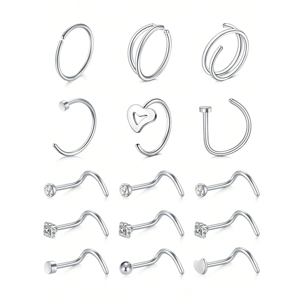 15Pcs Stainless Steel Nose Rings Studs Hoops Lip Bone Shaped Piercing Jewelry