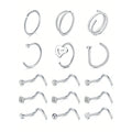15Pcs Stainless Steel Nose Rings Studs Hoops Lip Bone Shaped Piercing Jewelry