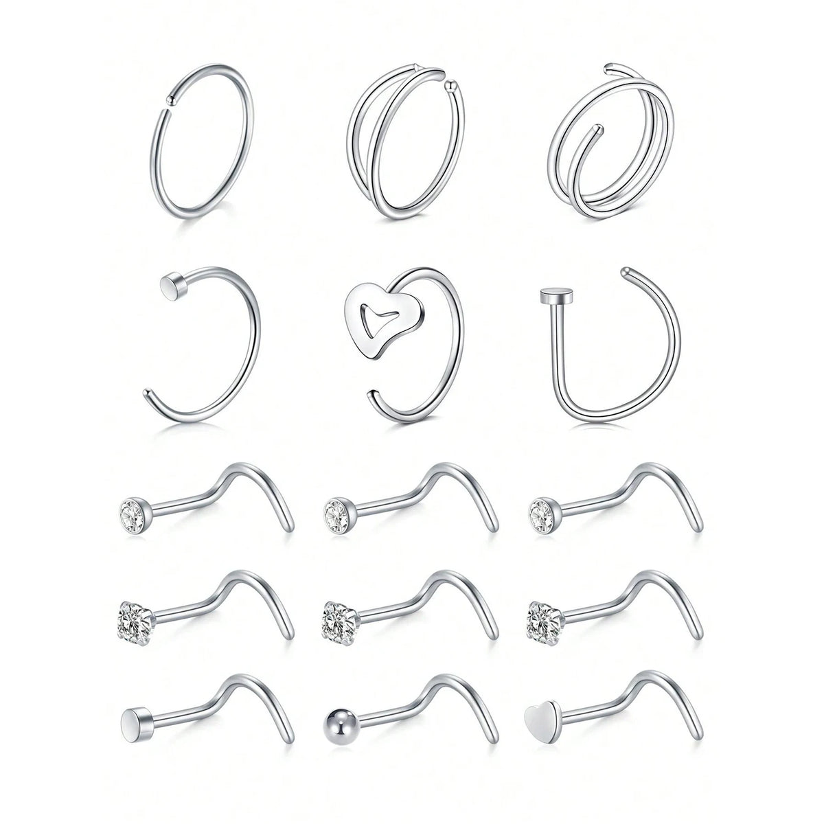 15Pcs Stainless Steel Nose Rings Studs Hoops Lip Bone Shaped Piercing Jewelry