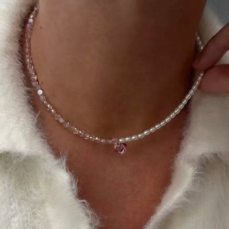 Crystal Heart & Chain Pendant Necklace for Women Boho Jewelry Valentine's Gift