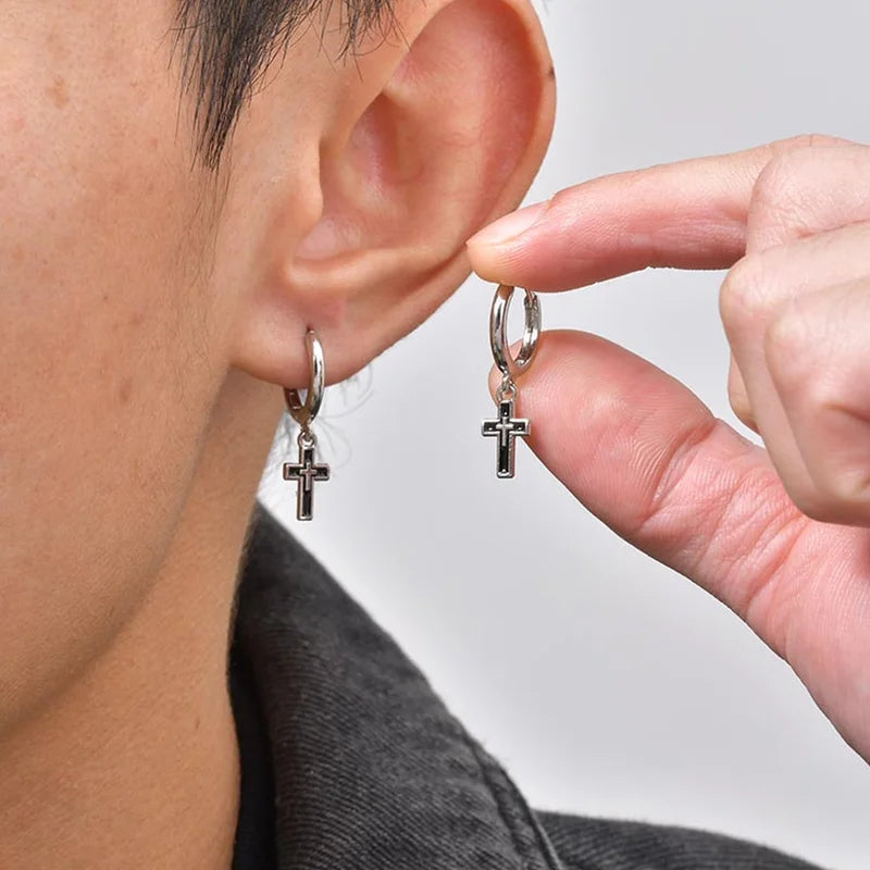 Silver Cross Hoop Earrings for Men Boys - Dangle Drop Jewelry Gift