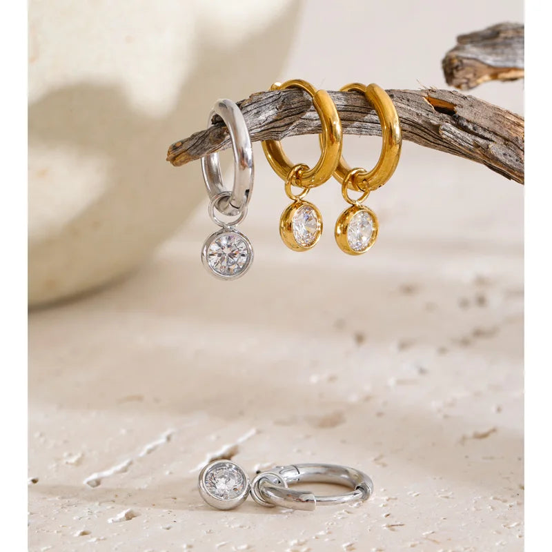 Stainless Steel Zirconia Drop Hoop Earrings - Allergy Friendly Daily Jewelry