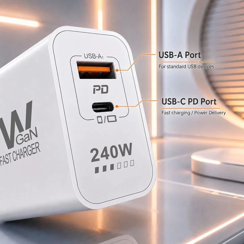 240W GaN USB C Fast Charger for iPhone, Xiaomi, iPad - Worldwide Plug Options