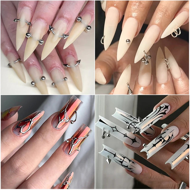 12-Grid Metallic Nail Charms Set - Punk Gothic 3D Studs & Rivets for Nails