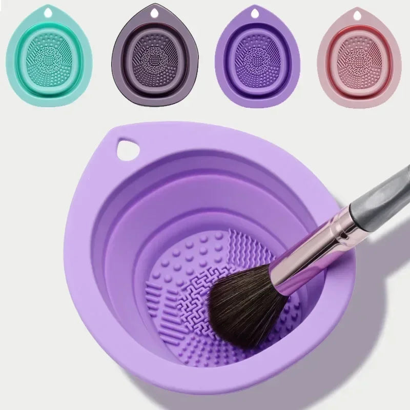 Foldable Silicone Makeup Brush Cleaner Bowl with Soft Mat for Brushes & Sponges