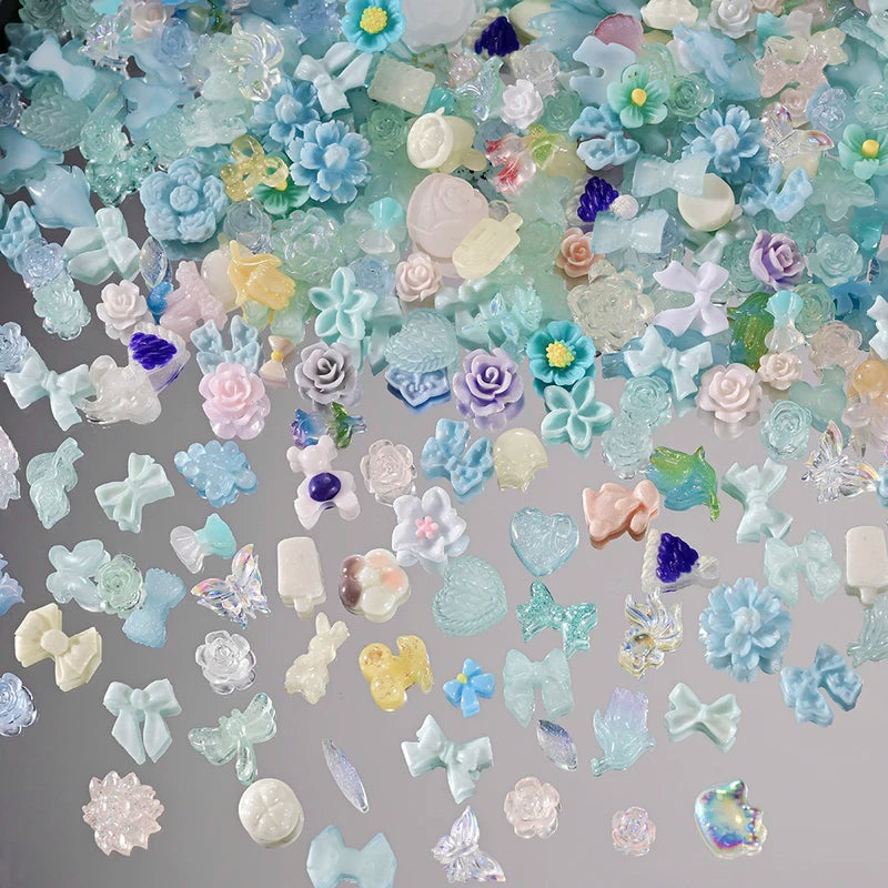 Mixed Resin Nail Charms 3D Bow Flowers Rhinestones for DIY Nail Art 50g