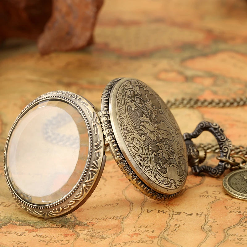 Retro Bronze Roman Numeral Pocket Watch with Colorful Dial Necklace Pendant Quartz Men Women
