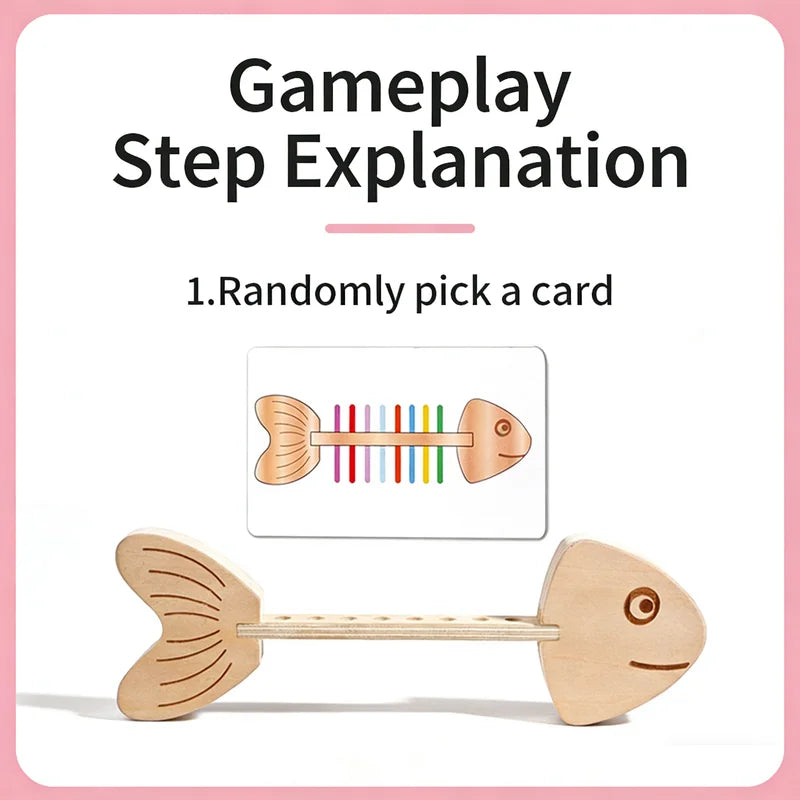 Wooden Fishbone Balance Toy for Kids - Educational Motor Skills Game, 30 Cards