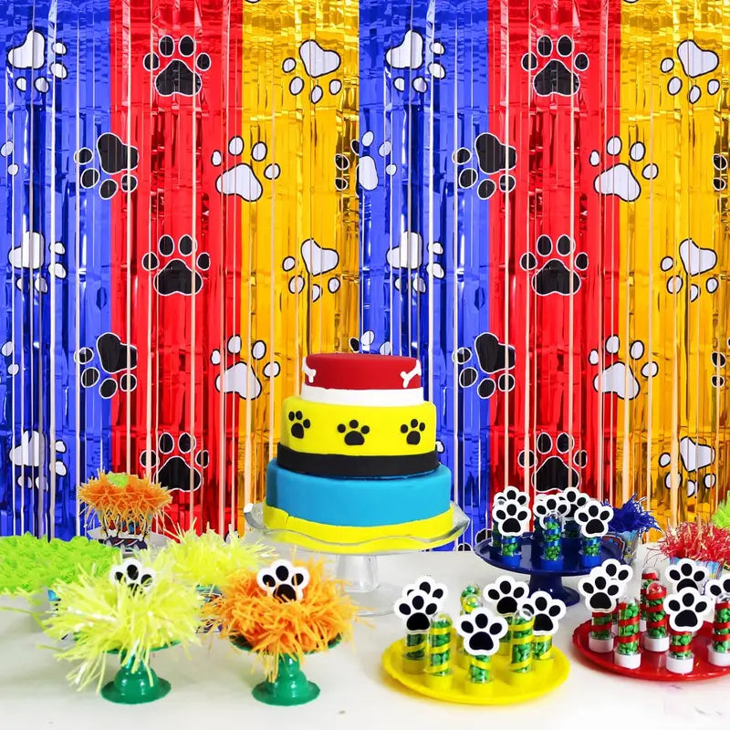 Paw Birthday Decorations 2 Pack Gold Red Blue Party Fringe Curtains Photo Booth Props