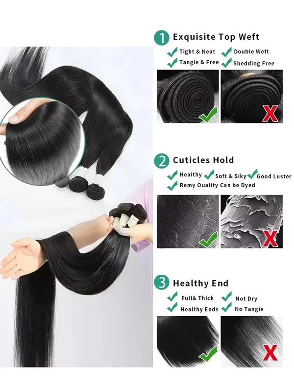 Virgin Human Hair Extensions - 30-40 Inch Straight Brazilian Hair Weave, 4 Bundles