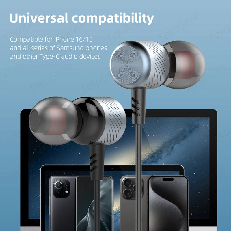 Deep Bass Wired Headphones with Microphone & Type-C/3.5mm Earbuds for Mobile & PC