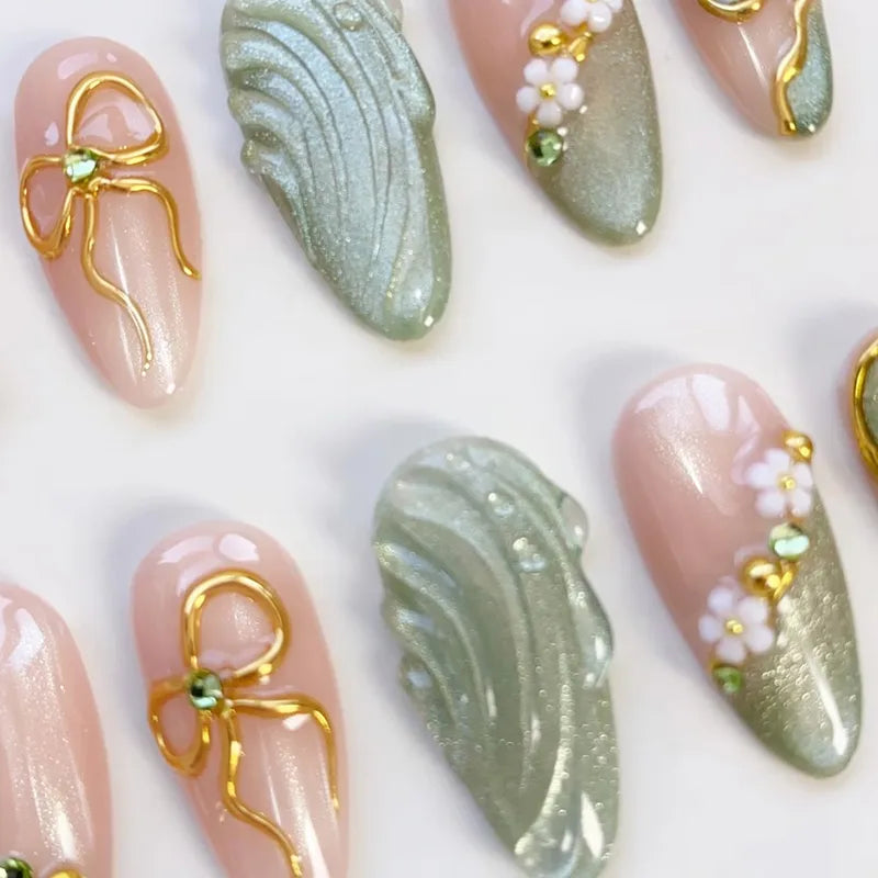 Press On Nail Set with 3D Gold Bow & Mini Flowers - Medium Almond, Full Cover